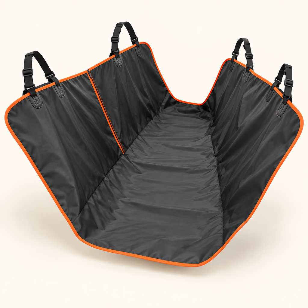 RideCover – svart baksetetrekk med oransje kant, vist alene på kremfarget bakgrunn.